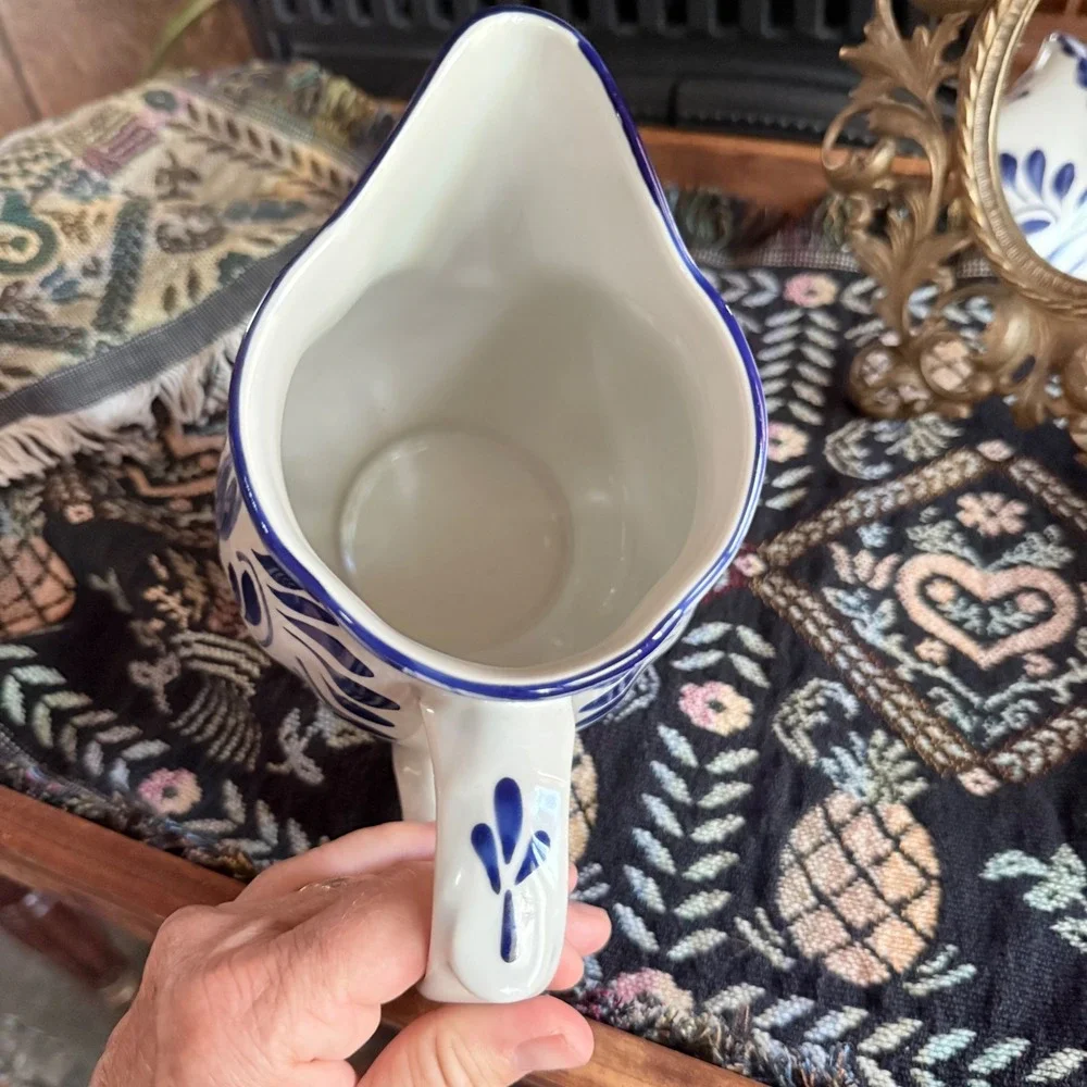 Pottery Barn Puebla Pitcher Hand Painted Blue White Floral Porcelain 6.75